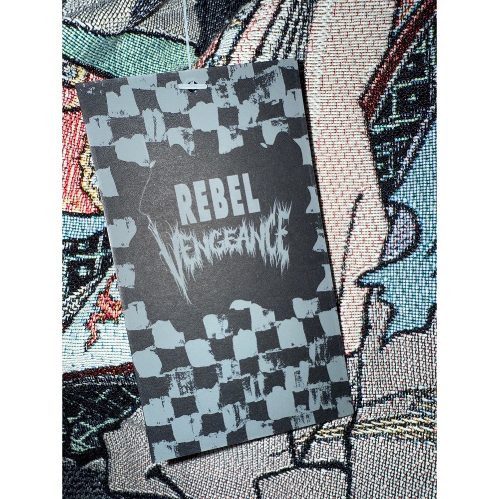 Rebel Vengeance Japanese Tapestry Samurai Skull Print button down Jacket mens L - Picture 10 of 10
